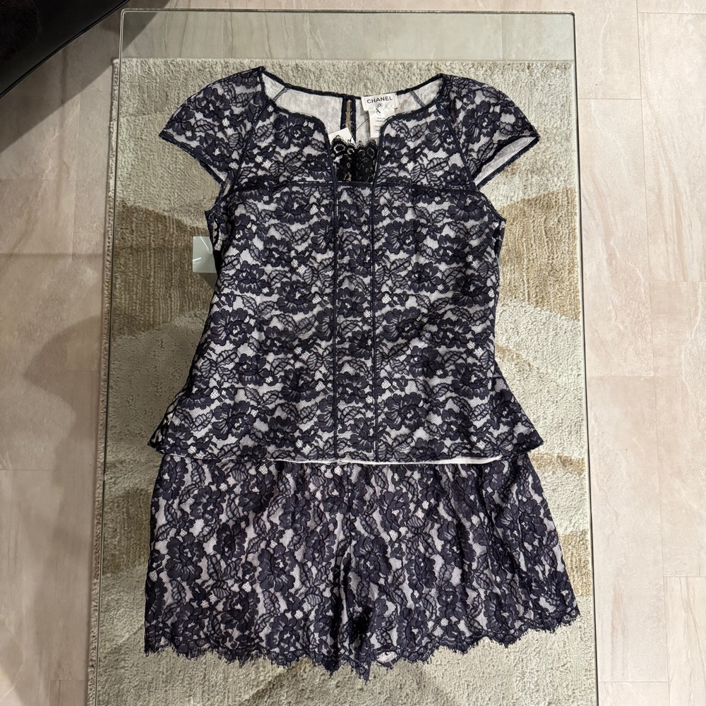 Vintage CHANEL Navy Floral Lace top Short Set LOT plus size 44
